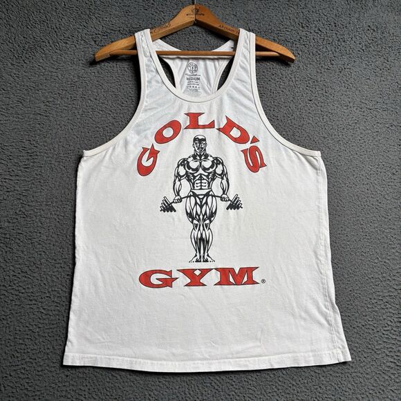 Golds Gym Stringer Tank Top Mens M Bodybuilding Gym Workout Muscle Beach White - Picture 1 of 14